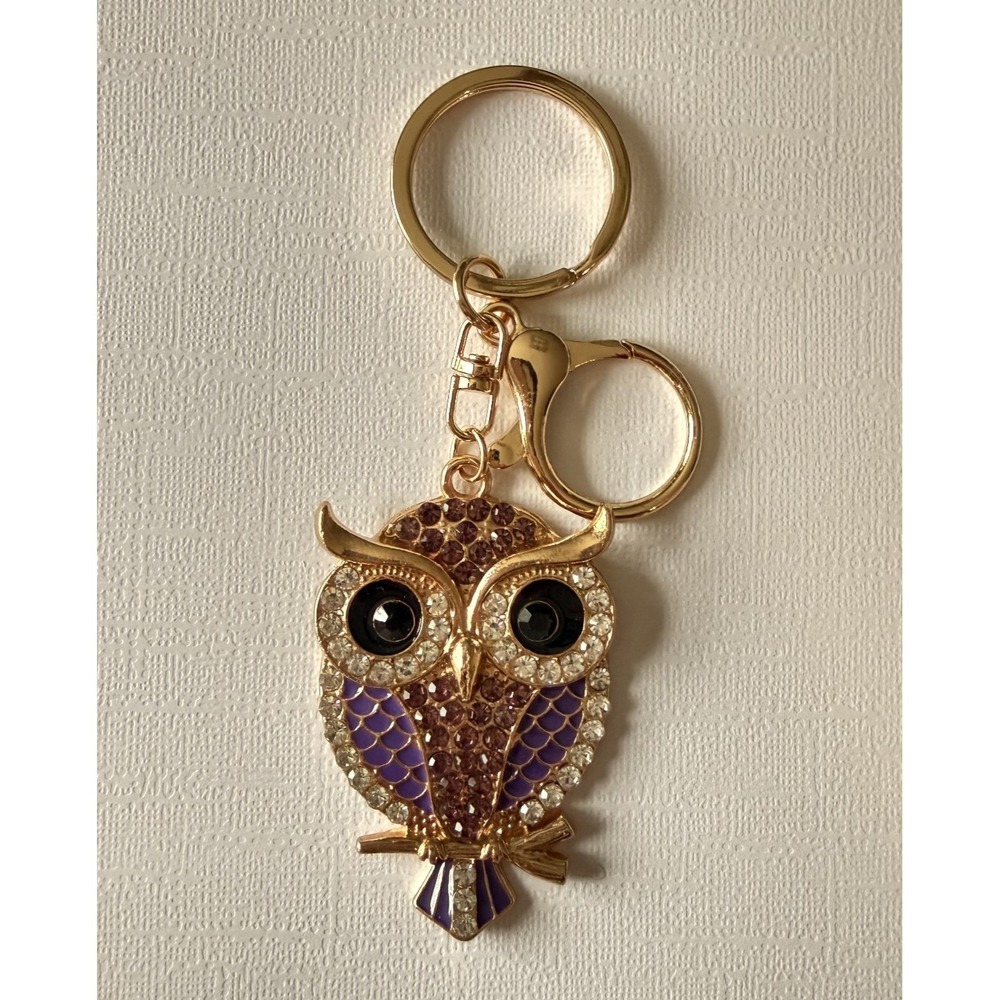 Mint Owl Rhinestone Keychain Gold Bling Crystal‎ Purse Charm Keyring Purple